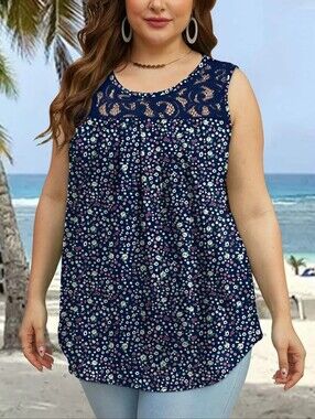 Roselinlin Navy Floral Top With Lace Detail Size 2XL